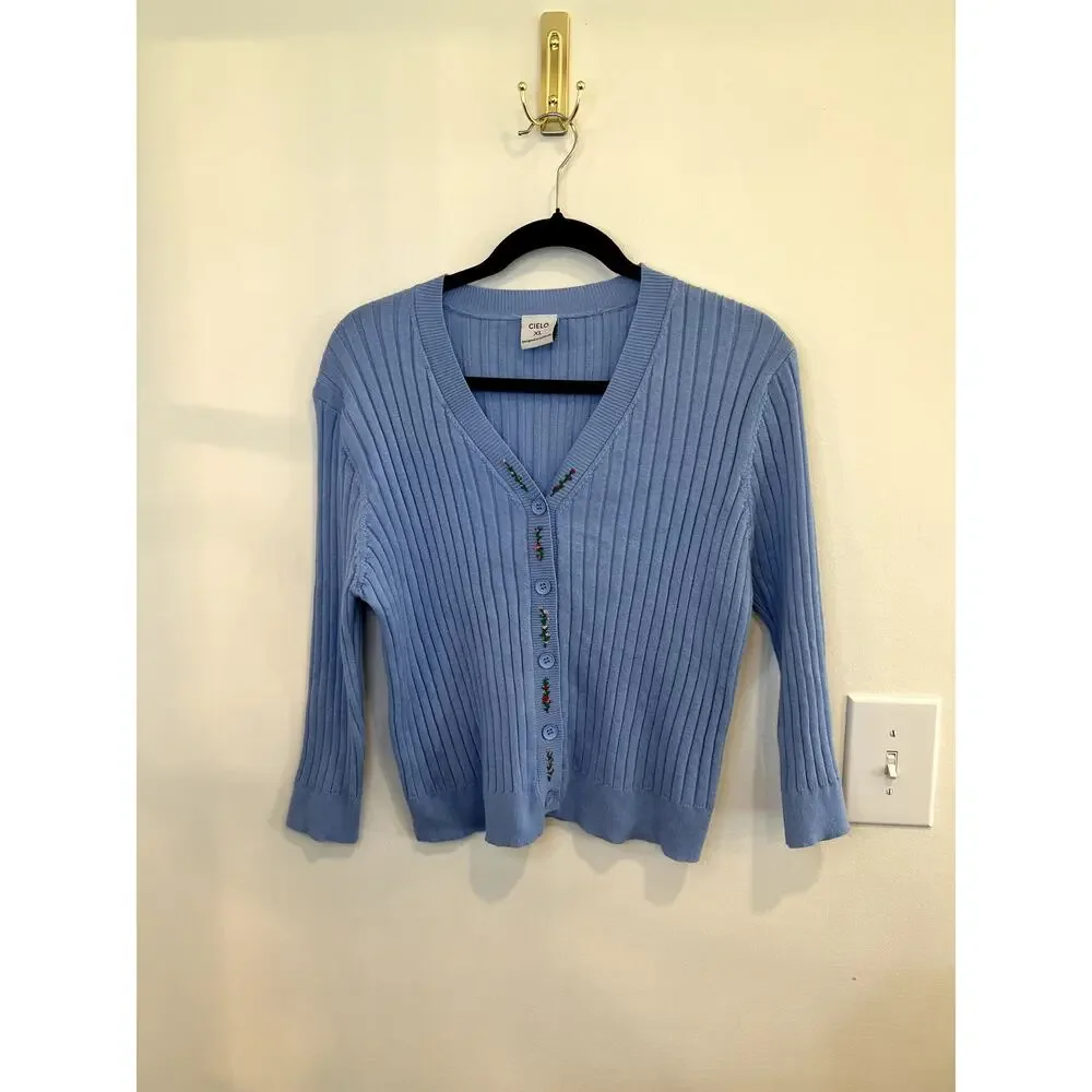 Cielo Blue Ribbed Button Cardigan XL Soft Stretch Y2K Coquette Sweater Top